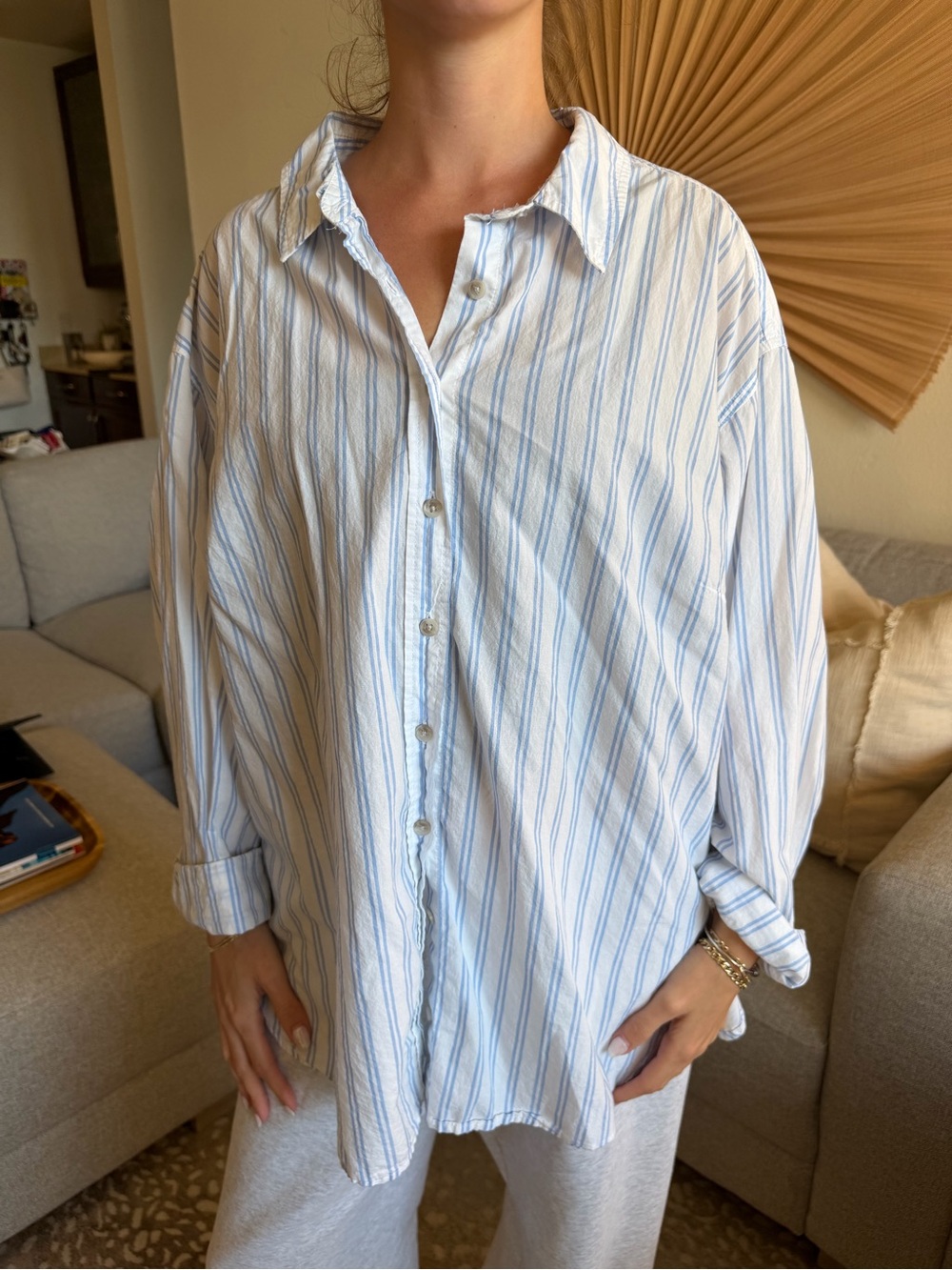 White and Light Blue Striped Button-Down Shirt